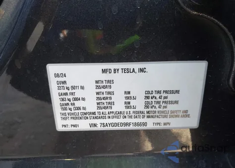 2024 Tesla Model Y Long Range Dual Motor All-Wheel Drive/Rwd из США, поврежденный, VIN 7SAYGDED9RF186690